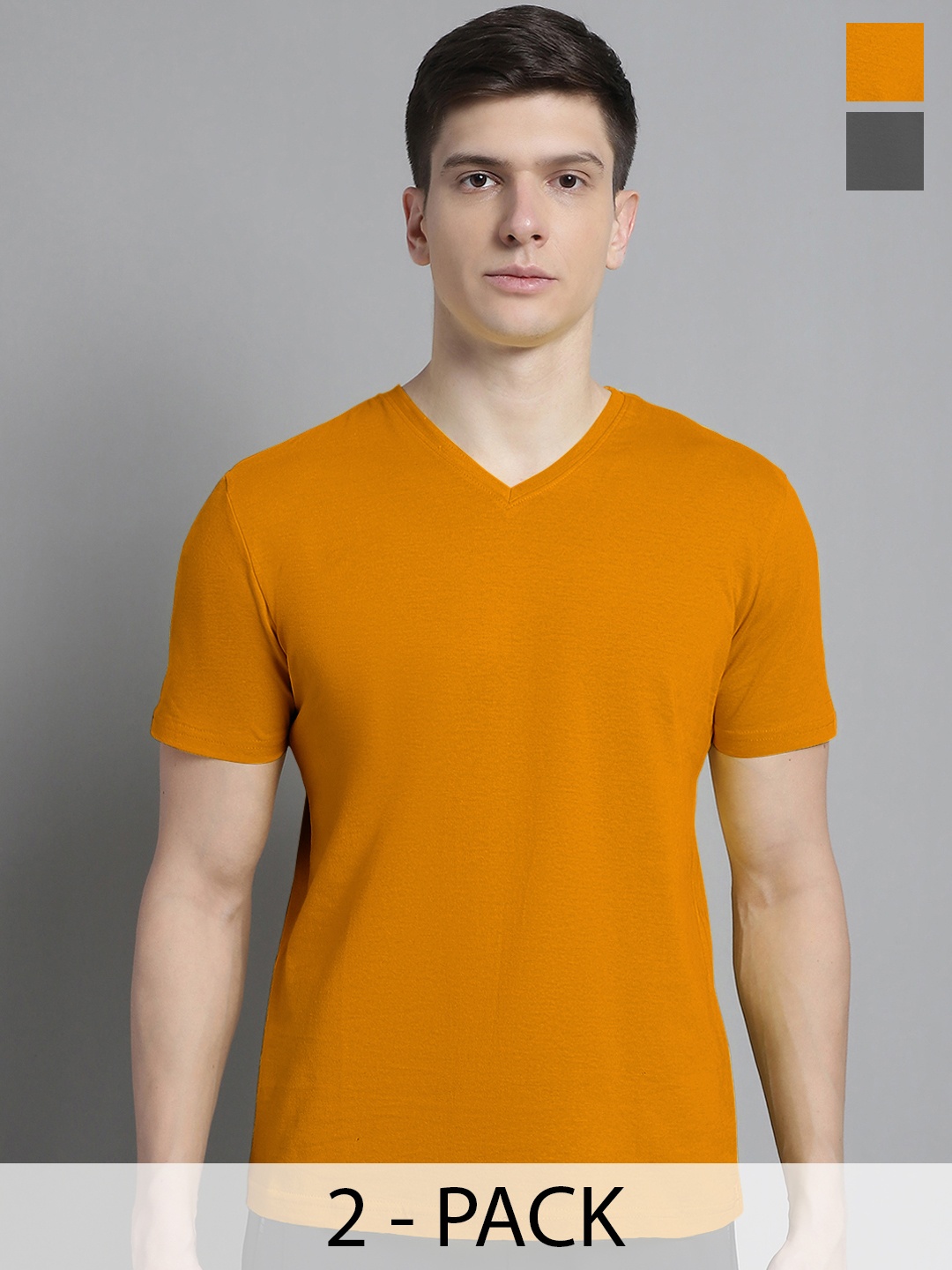 

FBAR Men Mustard Yellow V-Neck Pockets Slim Fit T-shirt