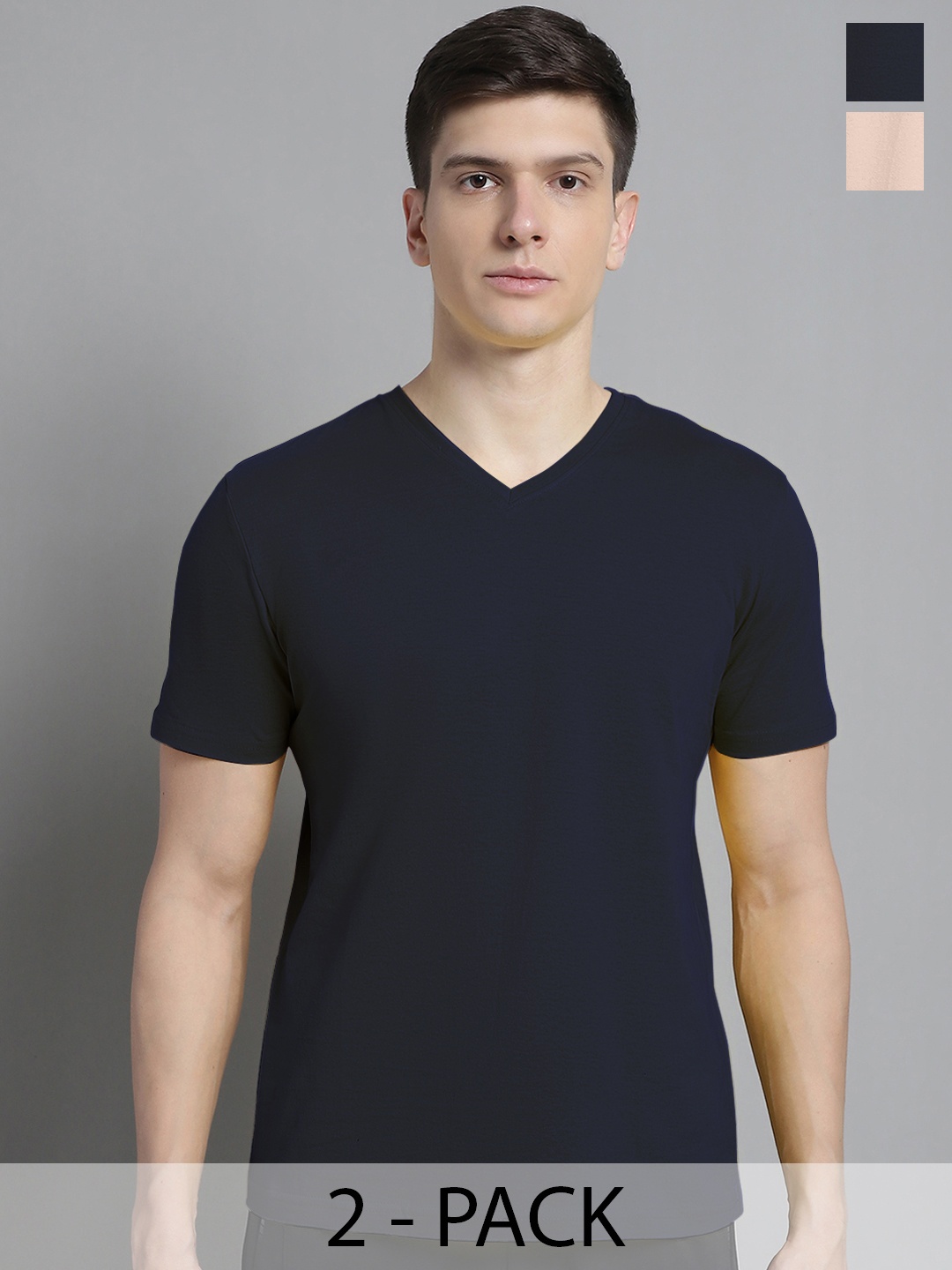 

FBAR Men Navy Blue V-Neck Extended Sleeves Pockets Slim Fit T-shirt