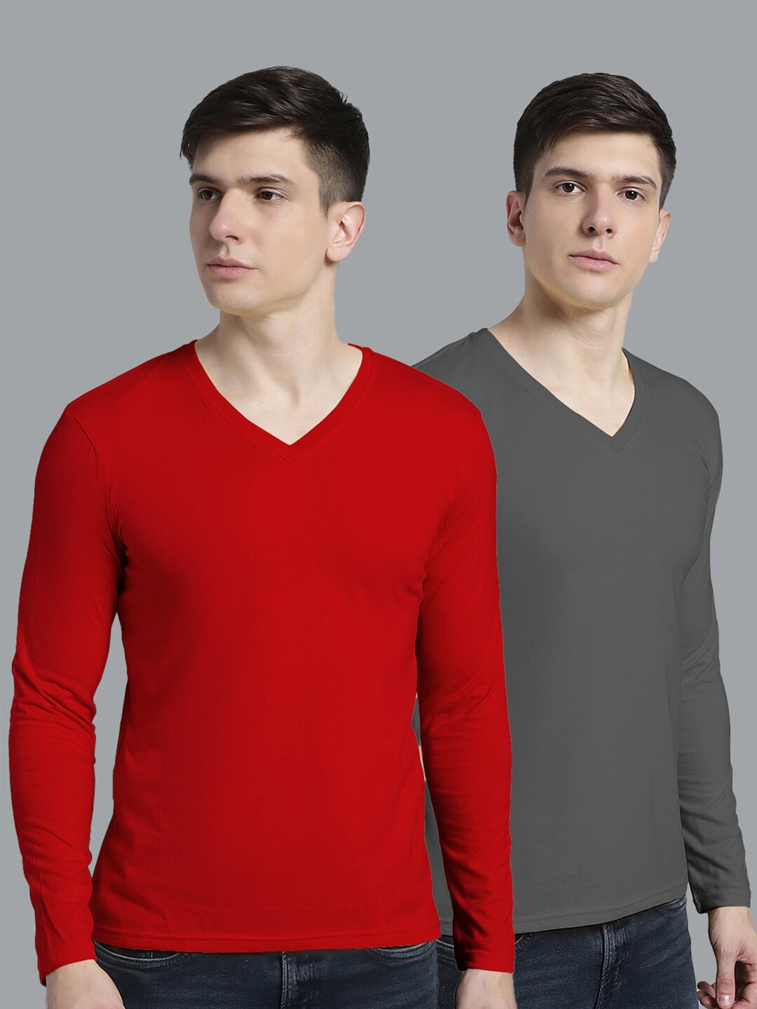 FBAR Pack Of 2 V-Neck Slim Fit Pure Cotton T-shirt, Red