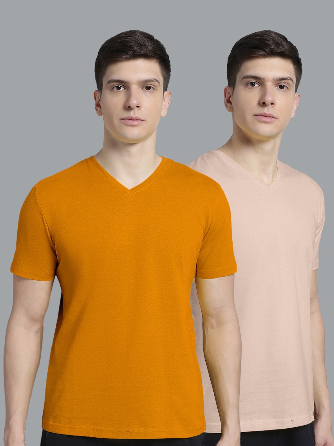 FBAR Pack Of 2 V-Neck Slim Fit Pure Cotton T-shirt, Mustard