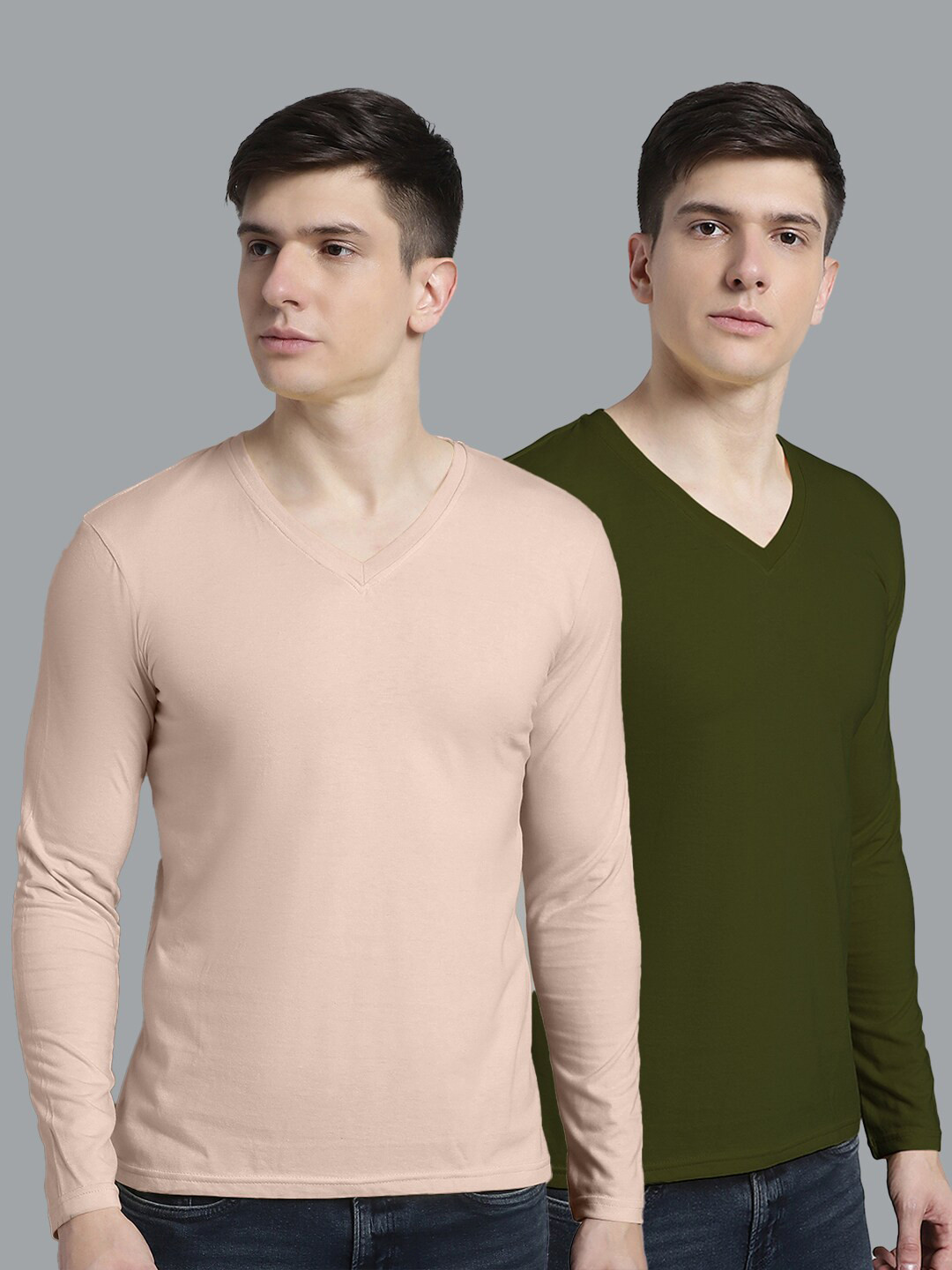 

FBAR Pack Of 2 V-Neck Long Sleeves Slim Fit Pure Cotton T-shirts, Coral