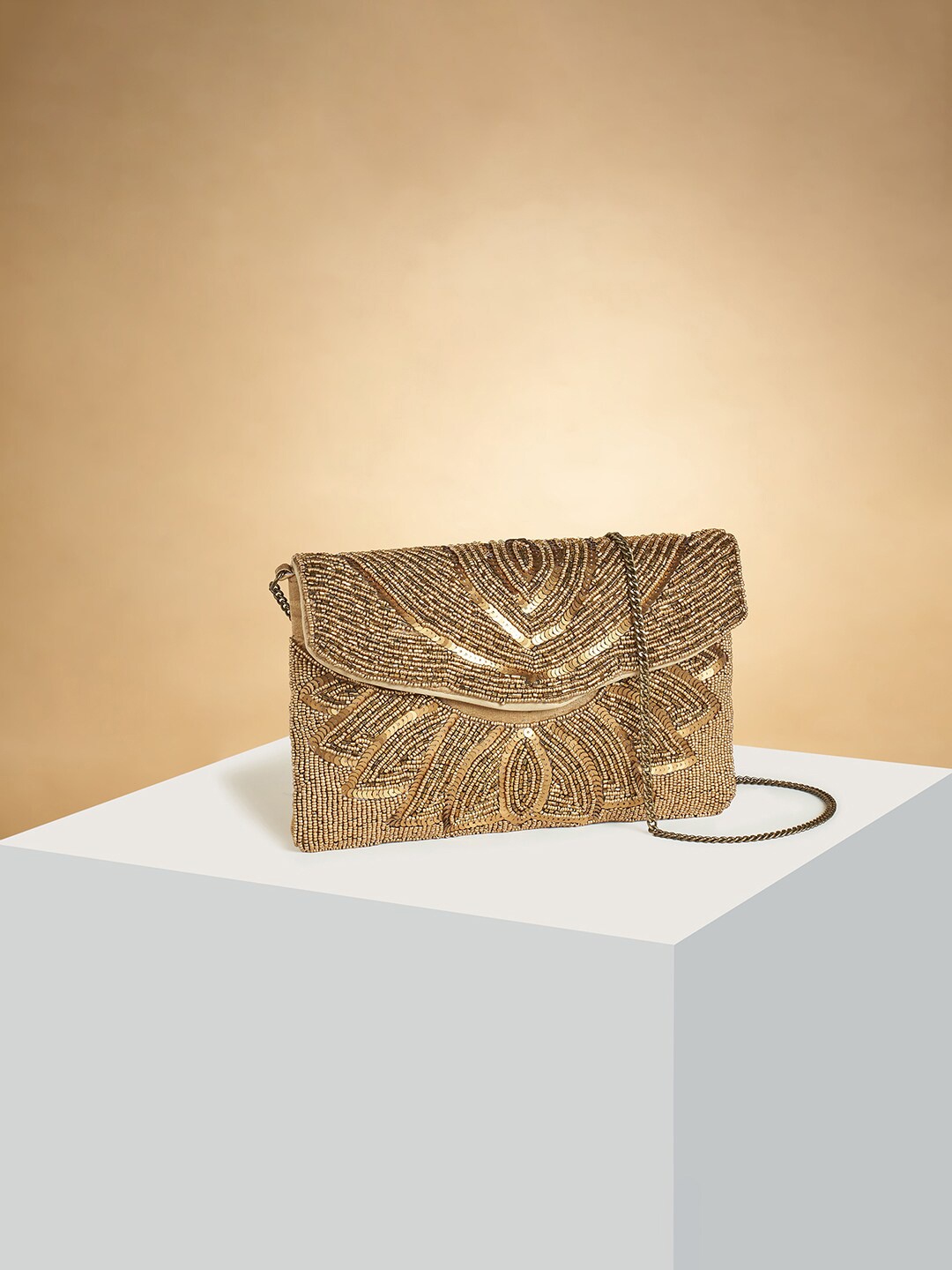 

Forever Glam by Pantaloons Embroidered Envelope Leather Clutch, Gold