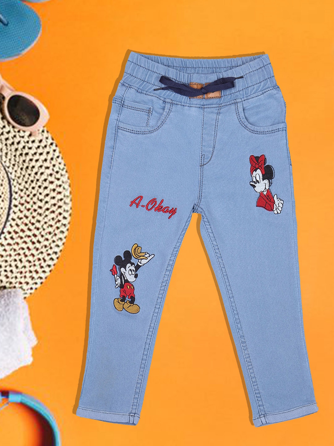 A-Okay Girls Mickey & Minnie Embroidered Slim Fit High-Rise Jeans, Blue