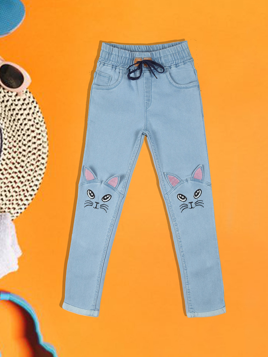

A-Okay Girls Conversational Embroidered Slim Fit High-Rise Easy Wash Cotton Trousers, Turquoise blue