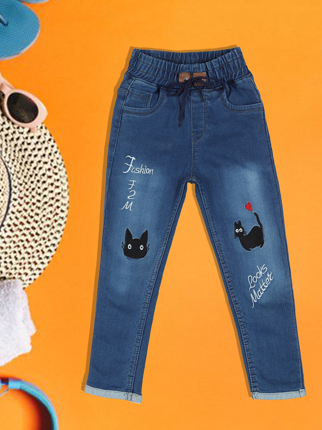 A-Okay Girls Clean Look Embroidered Slim Fit Cotton Denim Jeans, Blue