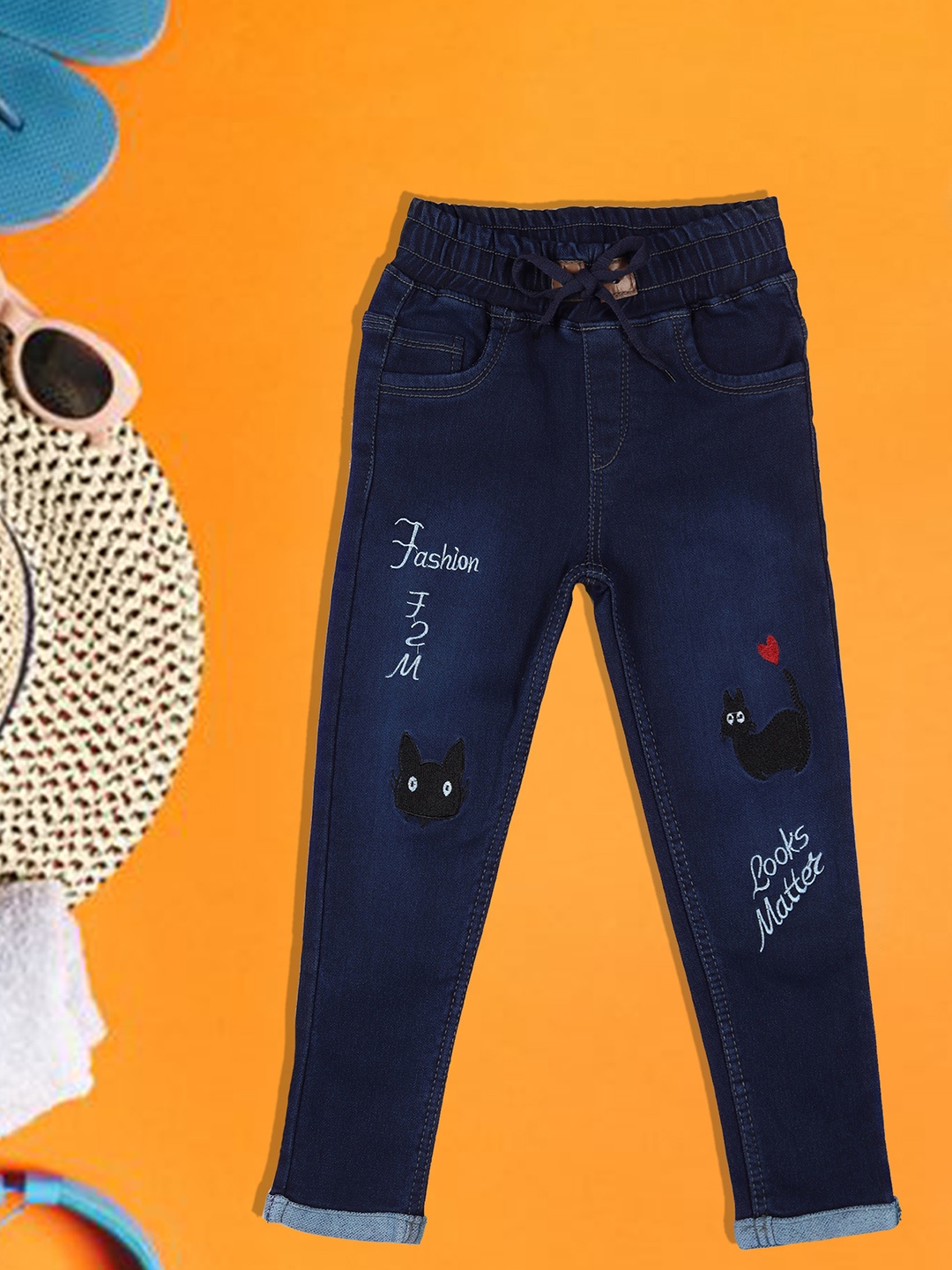 

A-Okay Girls Slim Fit High-Rise Embroidered Cotton Denim Jogger Jeans, Navy blue