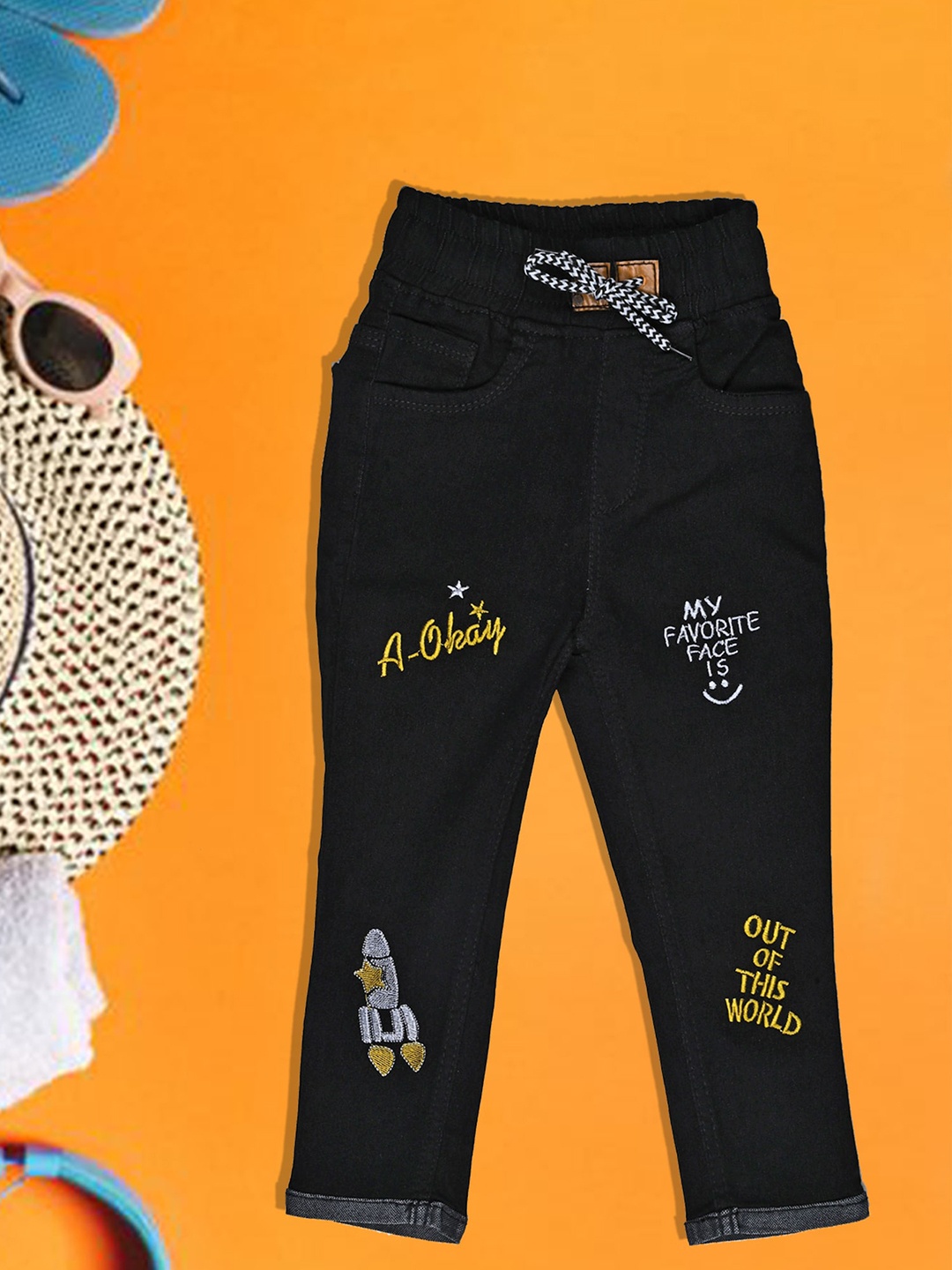 

A-Okay Girls Embroidered Slim Fit High Rise Easy Wash Trousers, Black
