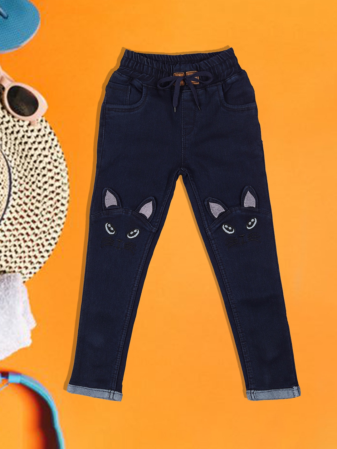 

A-Okay Girls Slim Fit High-Rise Embroidered Cotton Denim Jogger Jeans, Navy blue