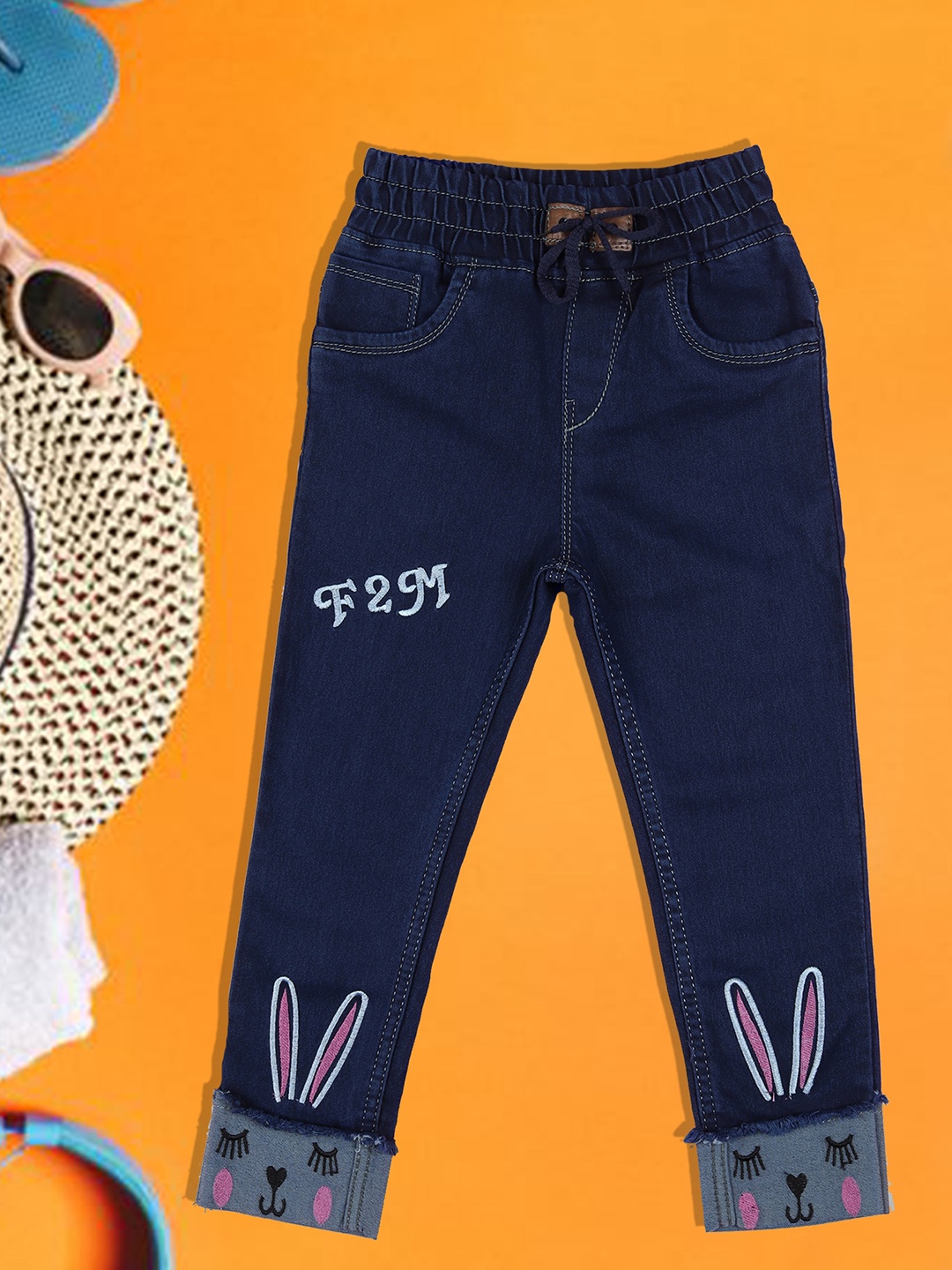 

A-Okay Girls Clean Look Embroidered Slim Fit Cotton Denim Jeans, Navy blue