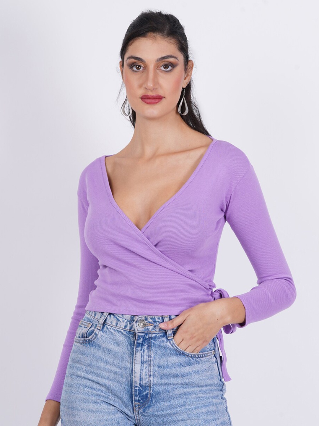 

SIGHTBOMB V-Neck Crop Cotton Wrap Top, Purple