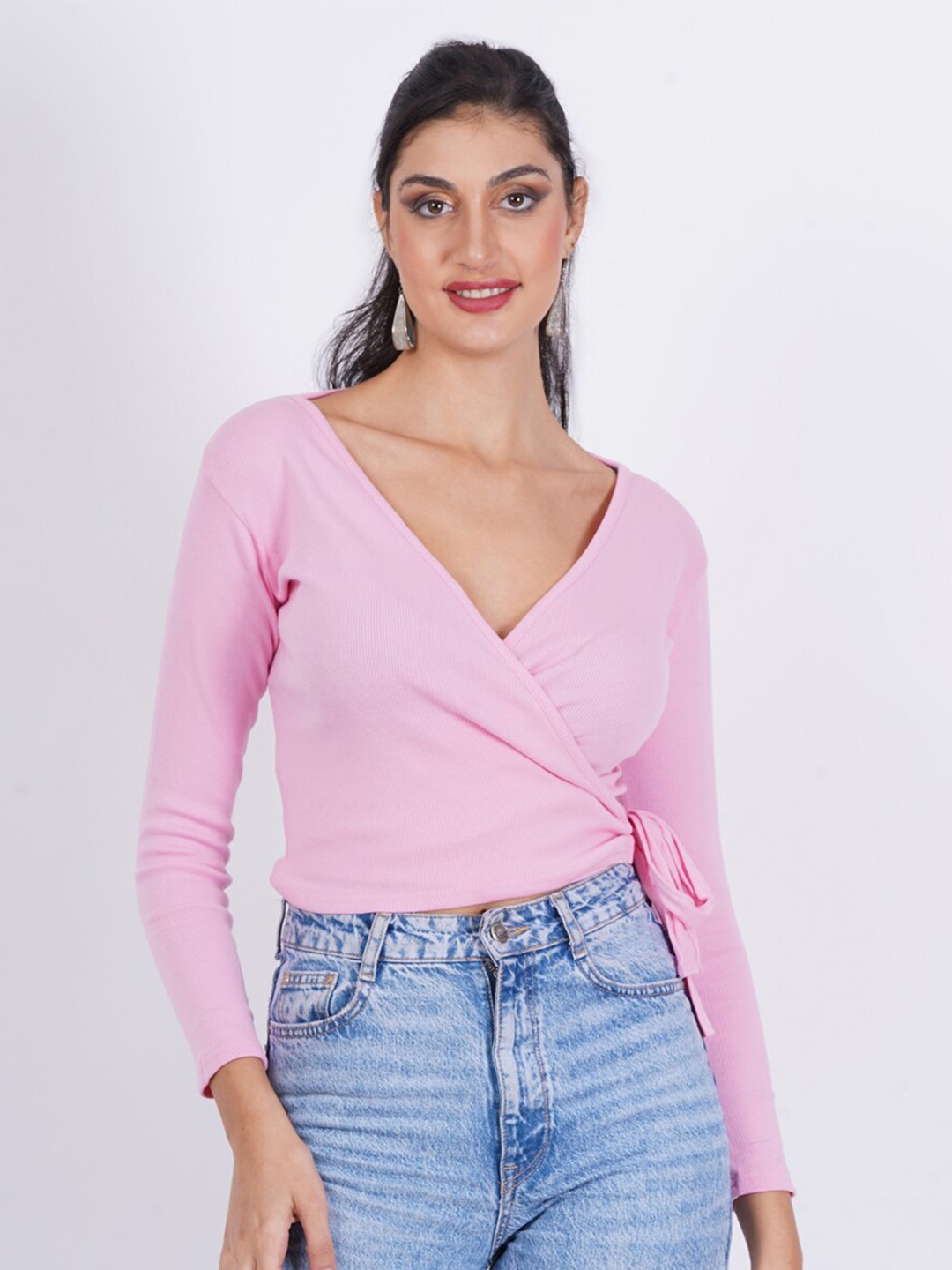 

SIGHTBOMB Tie Ups Cotton Wrap Crop Top, Pink