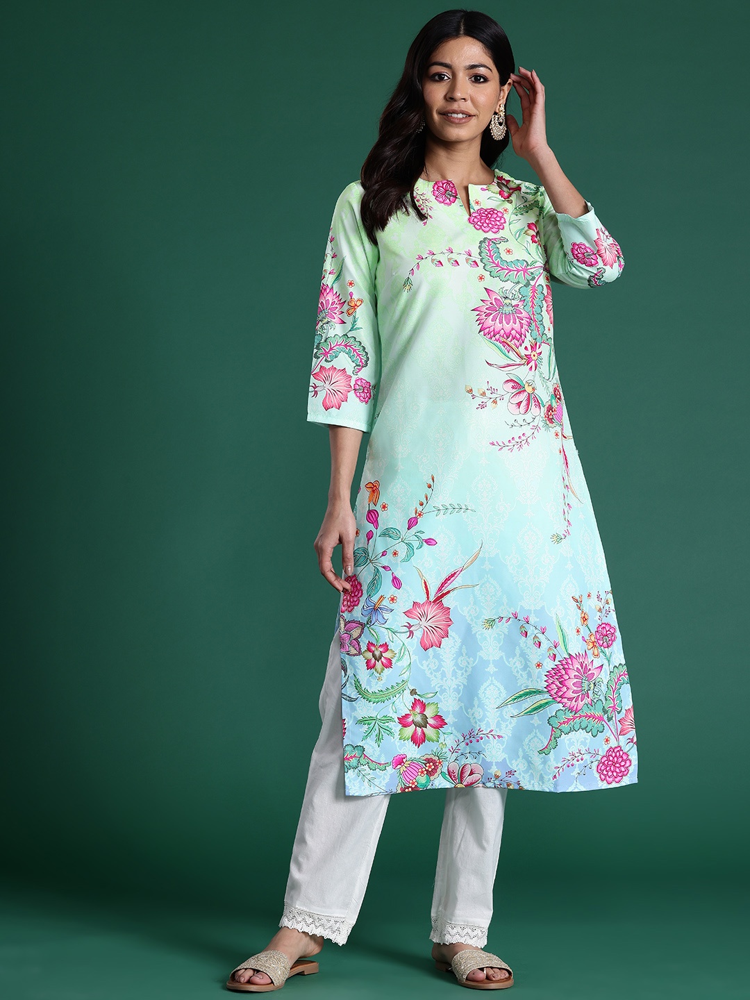 

Sangria Women Floral Printed Kurta, Green