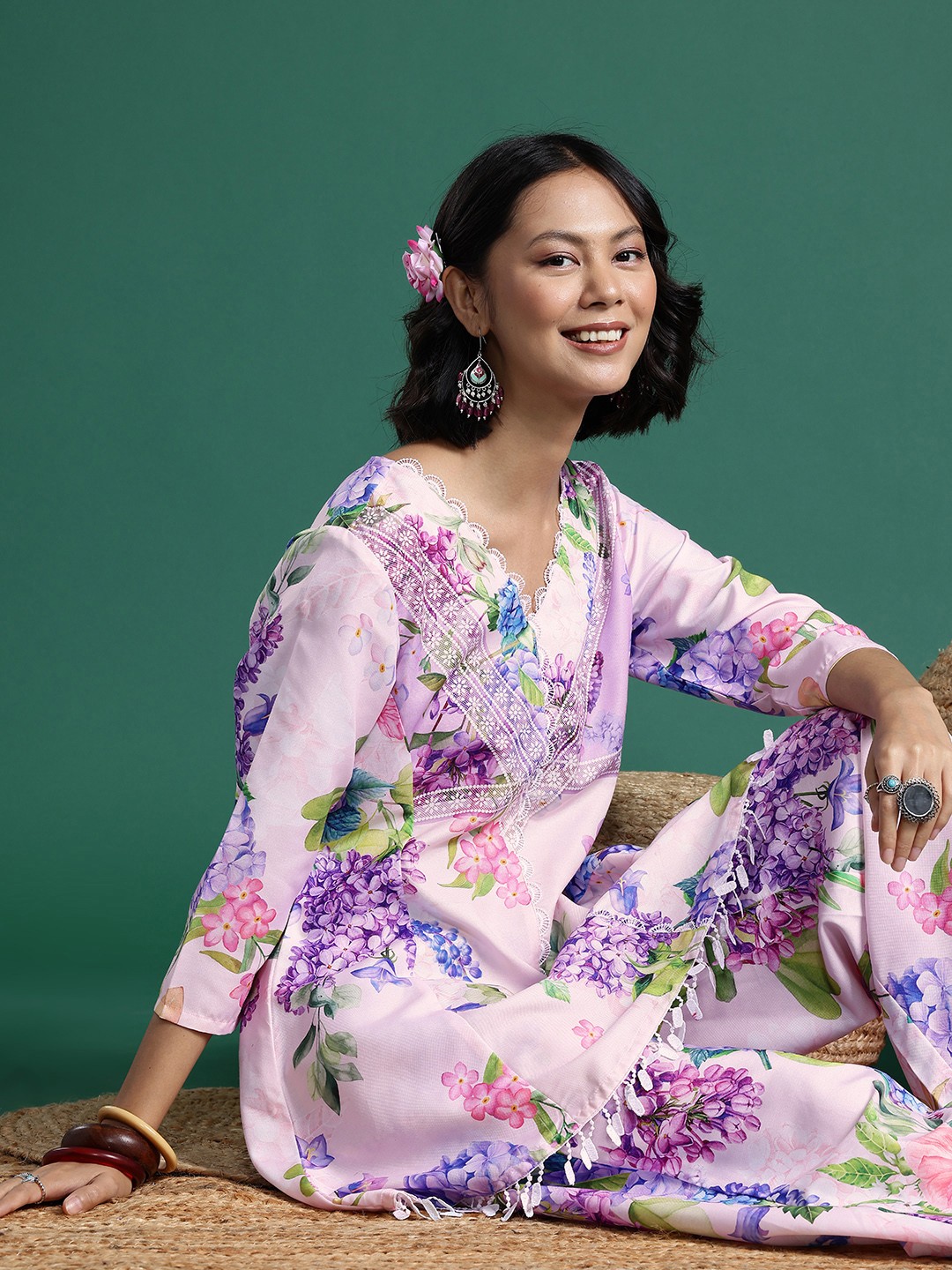 

Sangria Floral Print A-Line Kurta with Palazzos, Pink