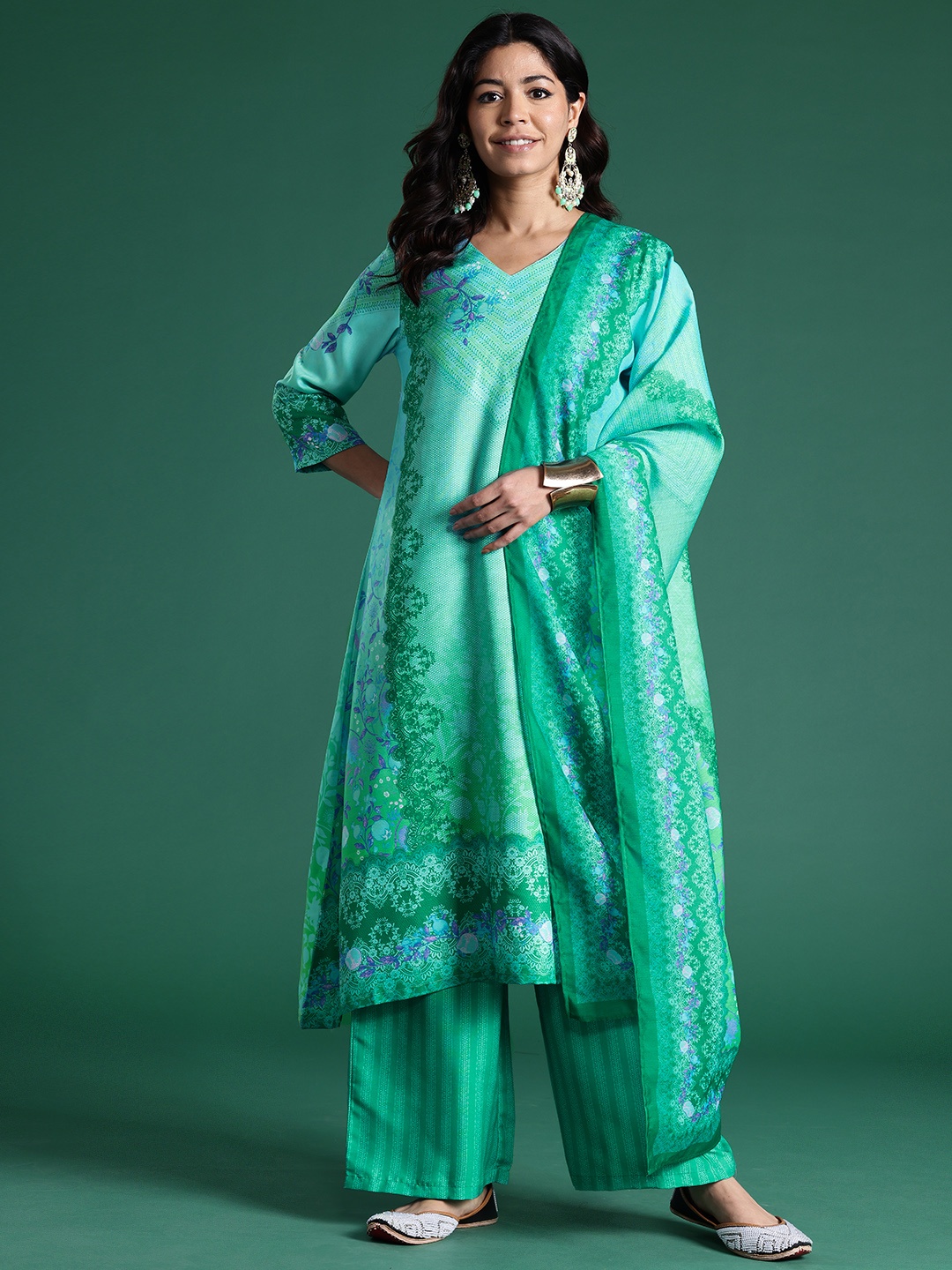 

Sangria Women Ethnic Motifs Printed Kurta with Palazzos & Dupatta, Green