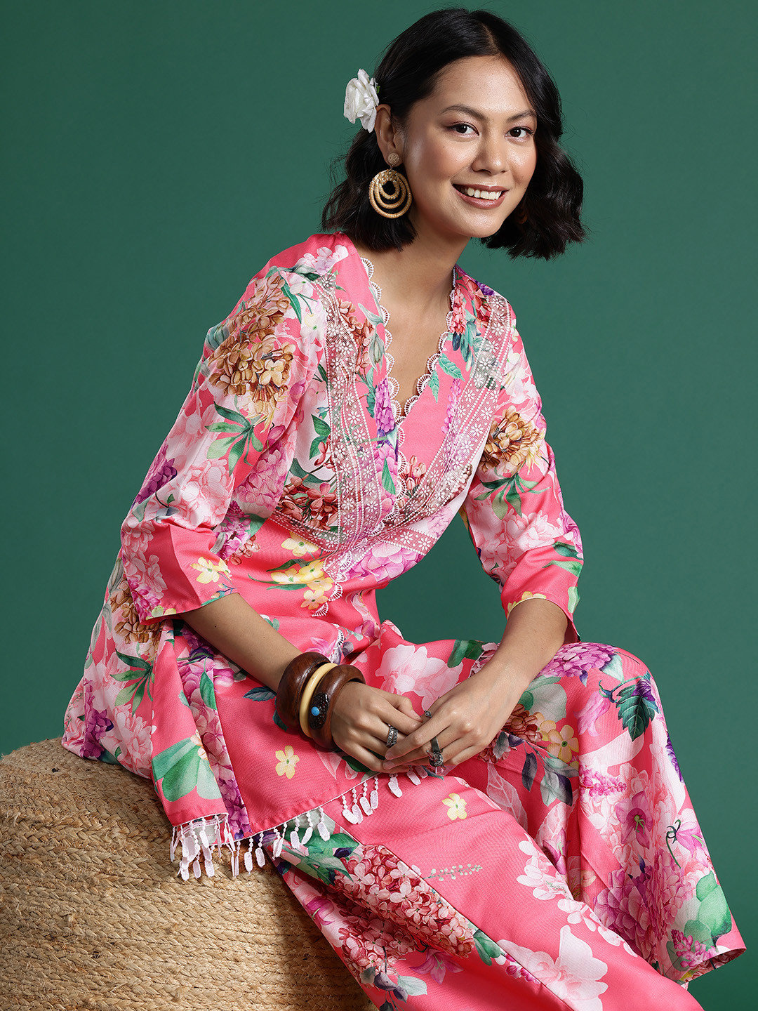 

Sangria Floral Print A-Line Kurta with Palazzos, Pink