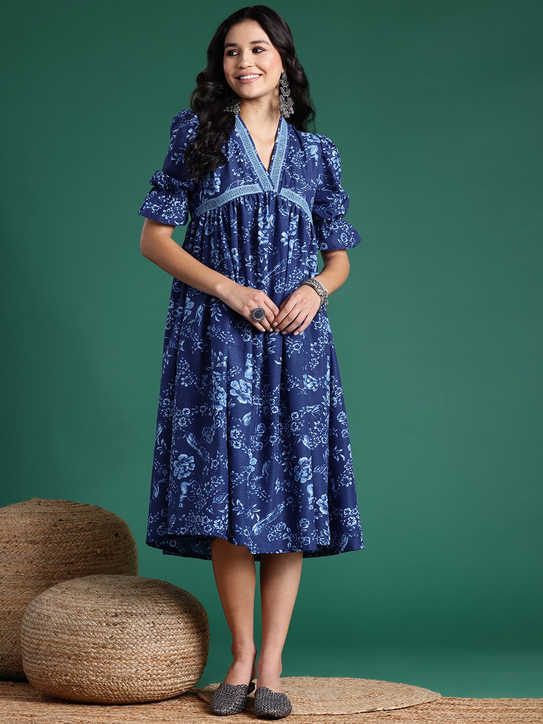 

Sangria Floral Print A-Line Midi Ethnic Dress, Blue