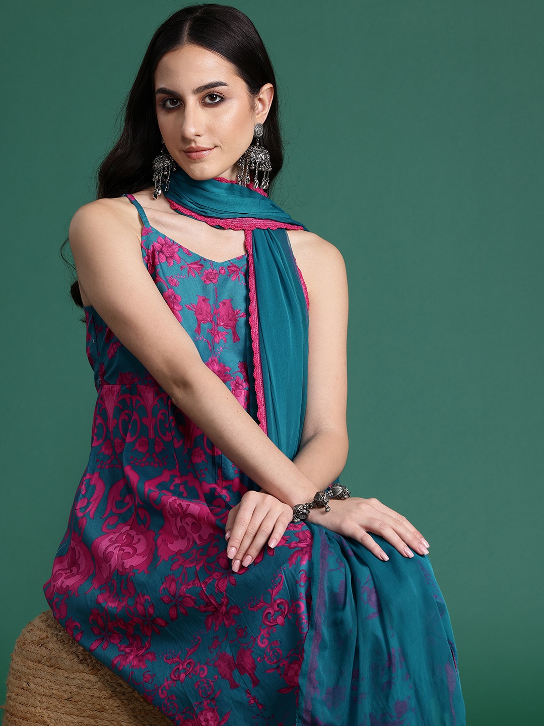 

Sangria Ethnic Motifs Printed Regular Pure Cotton Kurta Set & With Dupatta, Green