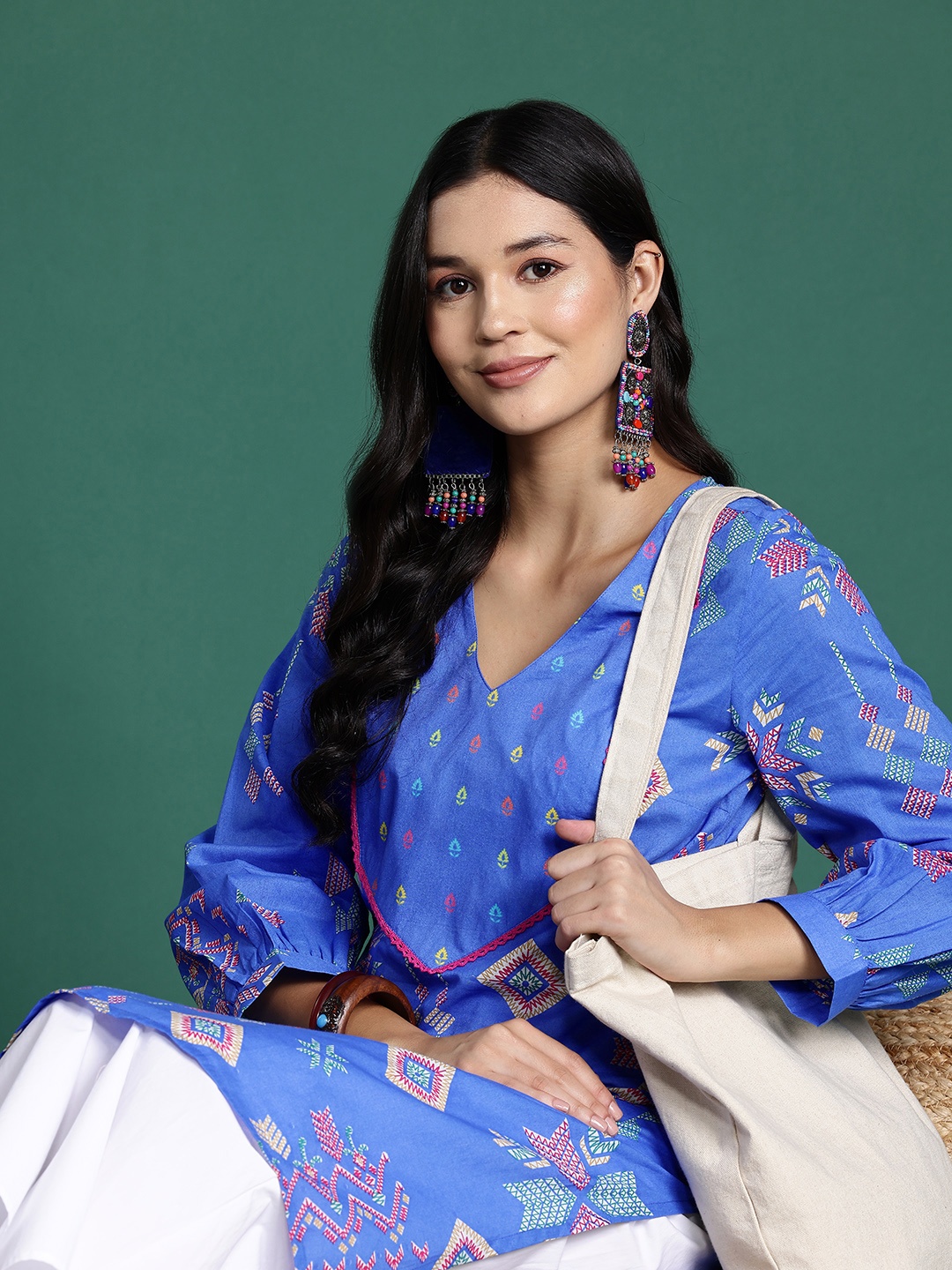 

Sangria Geometric Print Pure Cotton Kurta, Blue