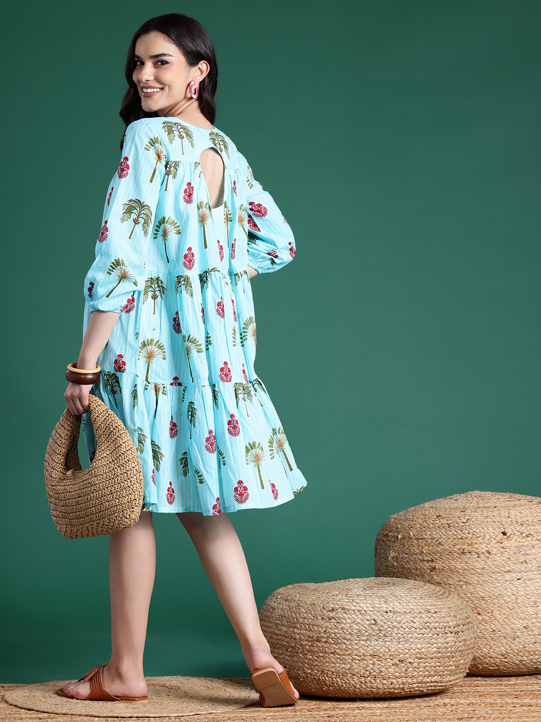 

Sangria Cotton Cut-Out Detail Flounce Hem A-Line Dress, Blue