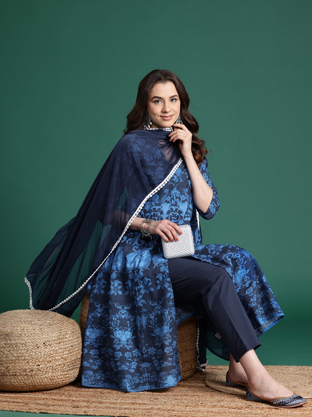 

Sangria Ethnic Motifs Printed Regular Pure Cotton Kurta Set & With Dupatta, Blue
