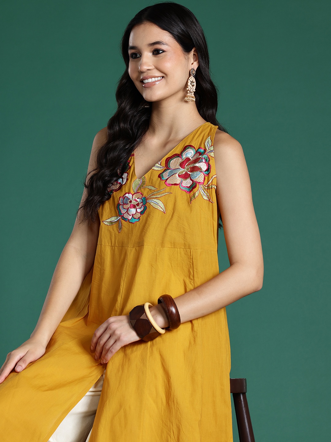 

Sangria Floral Embroidered ]Pure Cotton Kurta, Mustard