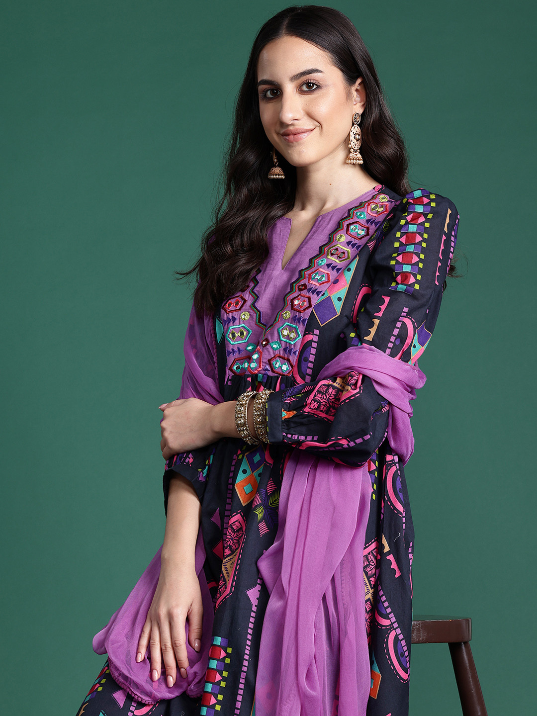

Sangria Printed Regular Mirror Work Pure Cotton Kurta Set With Dupatta, Navy blue