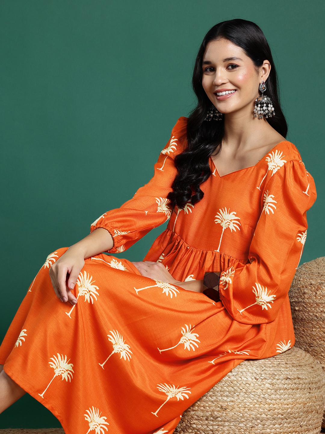 

Sangria Floral Print Lace-Up Back A-Line Ethnic Dress, Orange