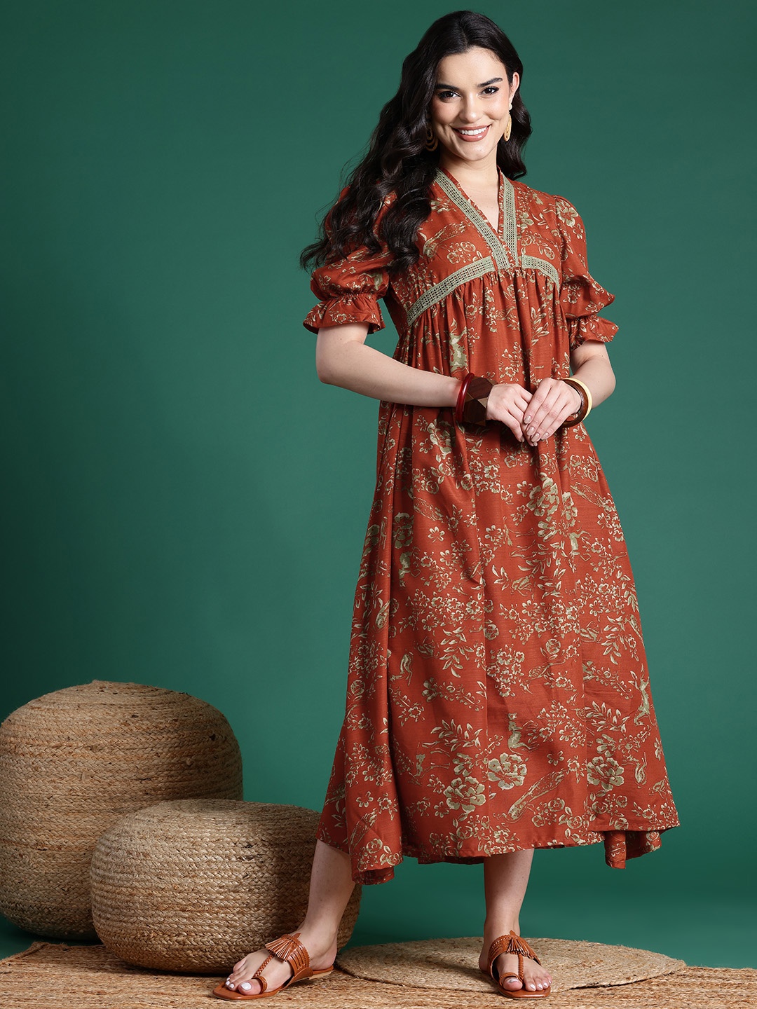 

Sangria Floral Print A-Line Midi Ethnic Dress, Rust