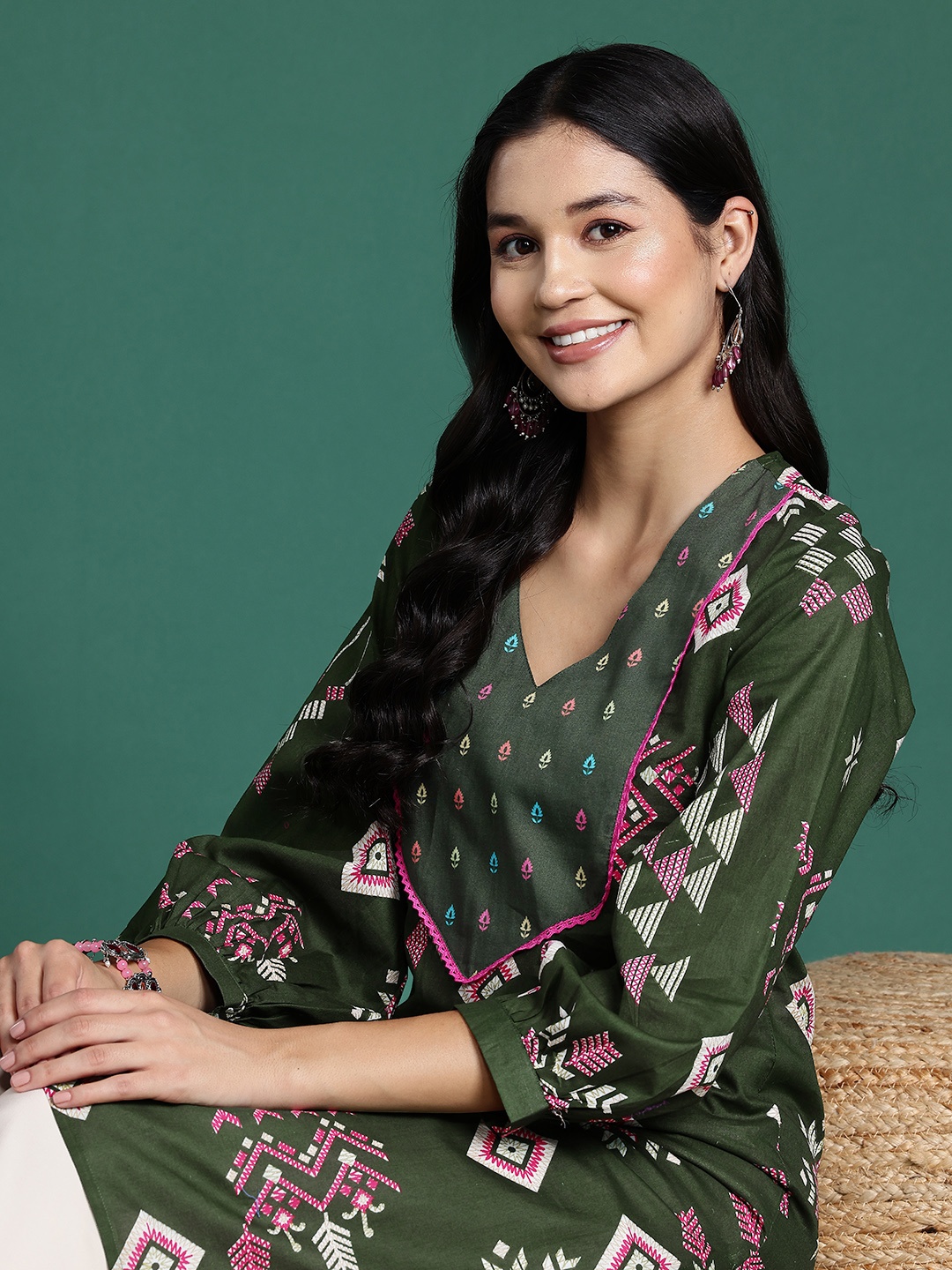 

Sangria Geometric Print Pure Cotton Kurta, Green