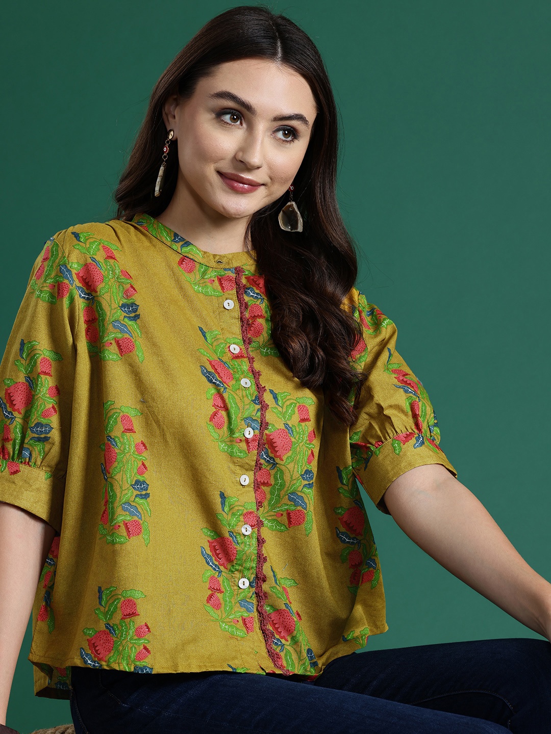 

Sangria Floral Print Mandarin Collar Puff Sleeve Cotton Top, Green