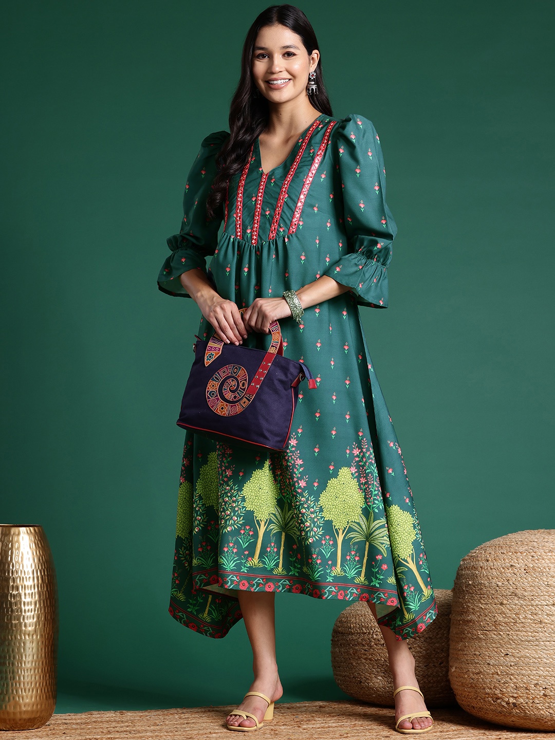 

Sangria Printed Mirror-Work Asymmetric Hem A-Line Ethnic Dress, Green