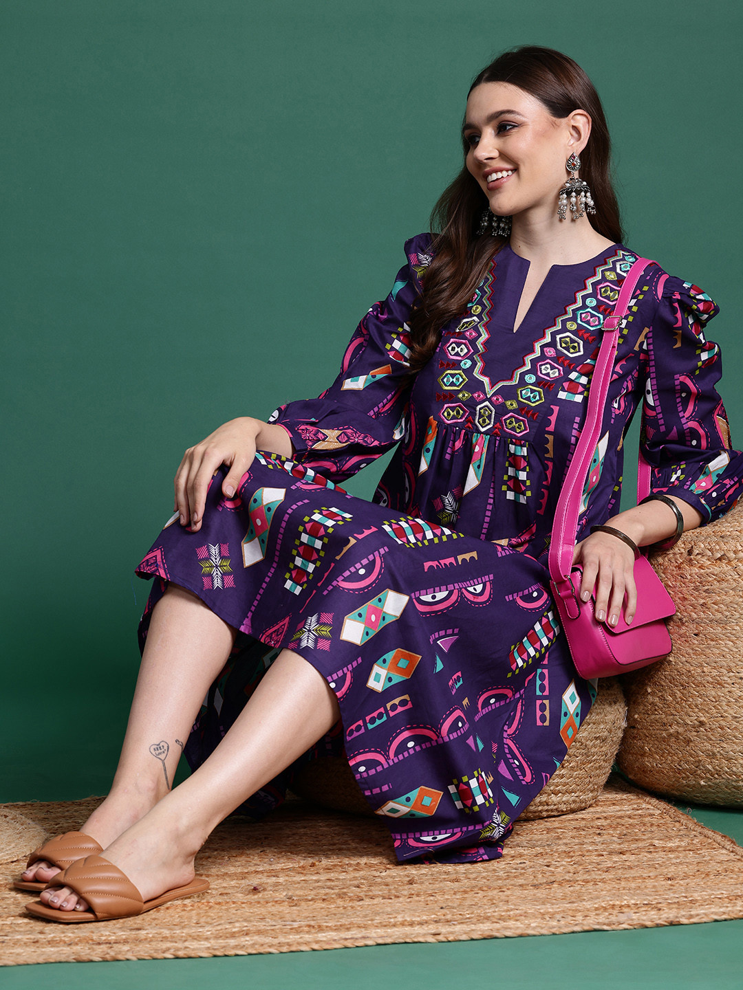 

Sangria Geometric Print Puff Sleeves Embellished A-Line Ethnic Dress, Purple
