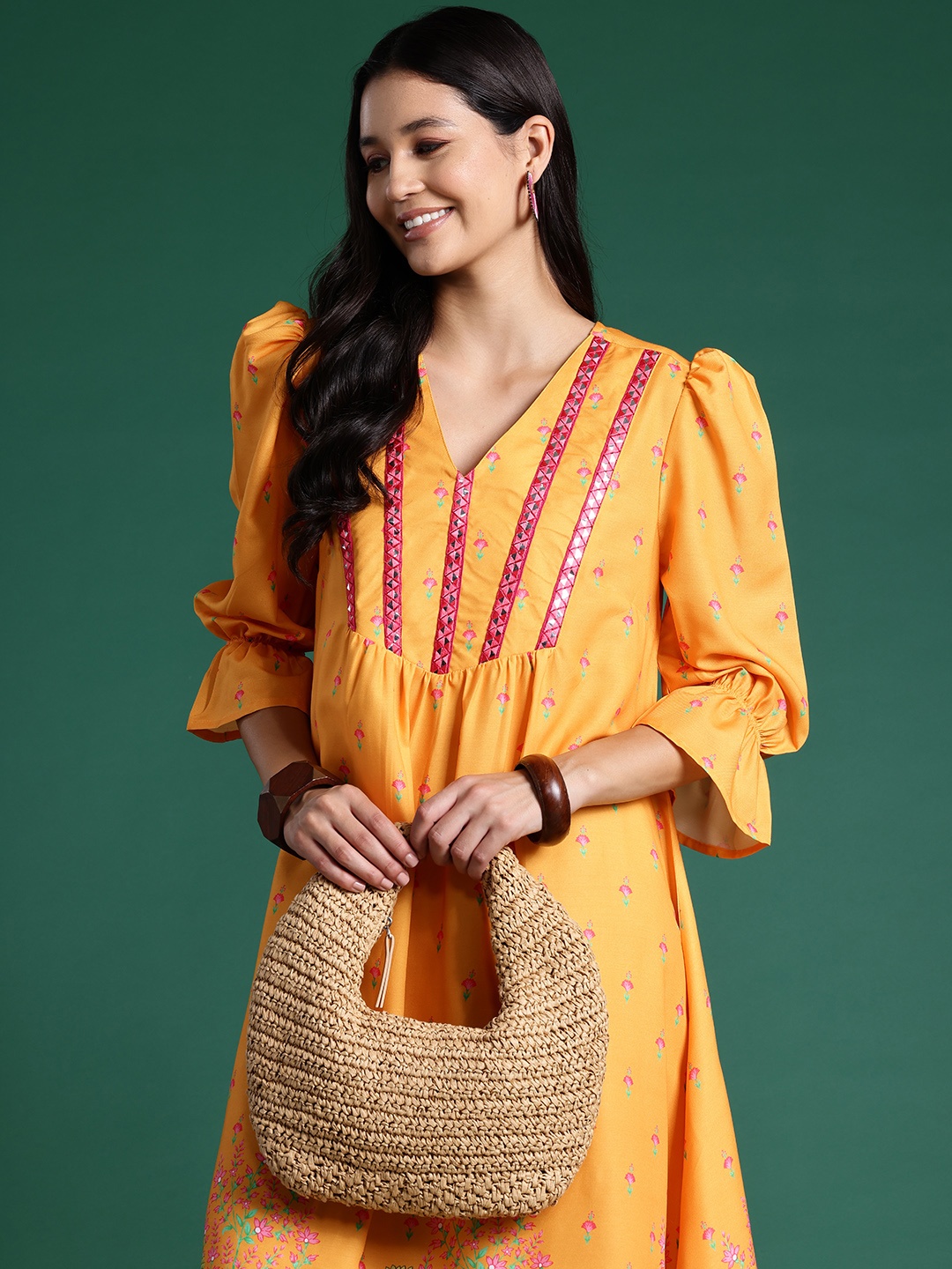 

Sangria Printed Mirror-Work Asymmetric Hem A-Line Ethnic Dress, Yellow