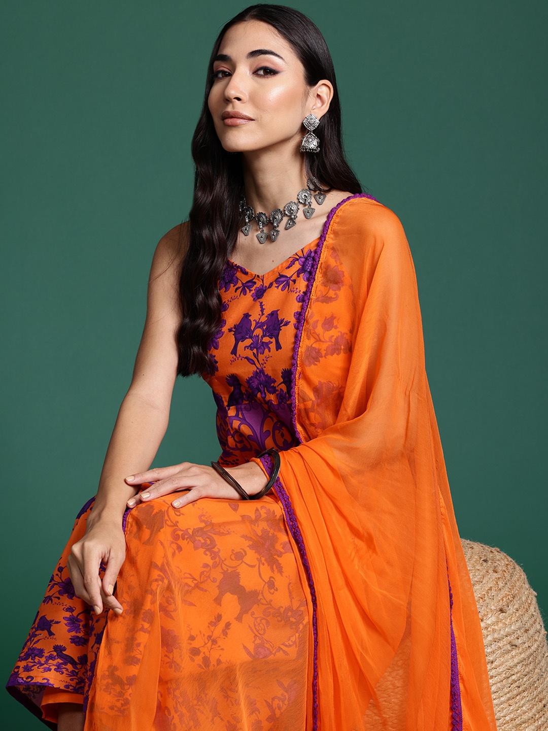 

Sangria Floral Print Shoulder Straps Pure Cotton Kurta with Trousers & Dupatta, Orange