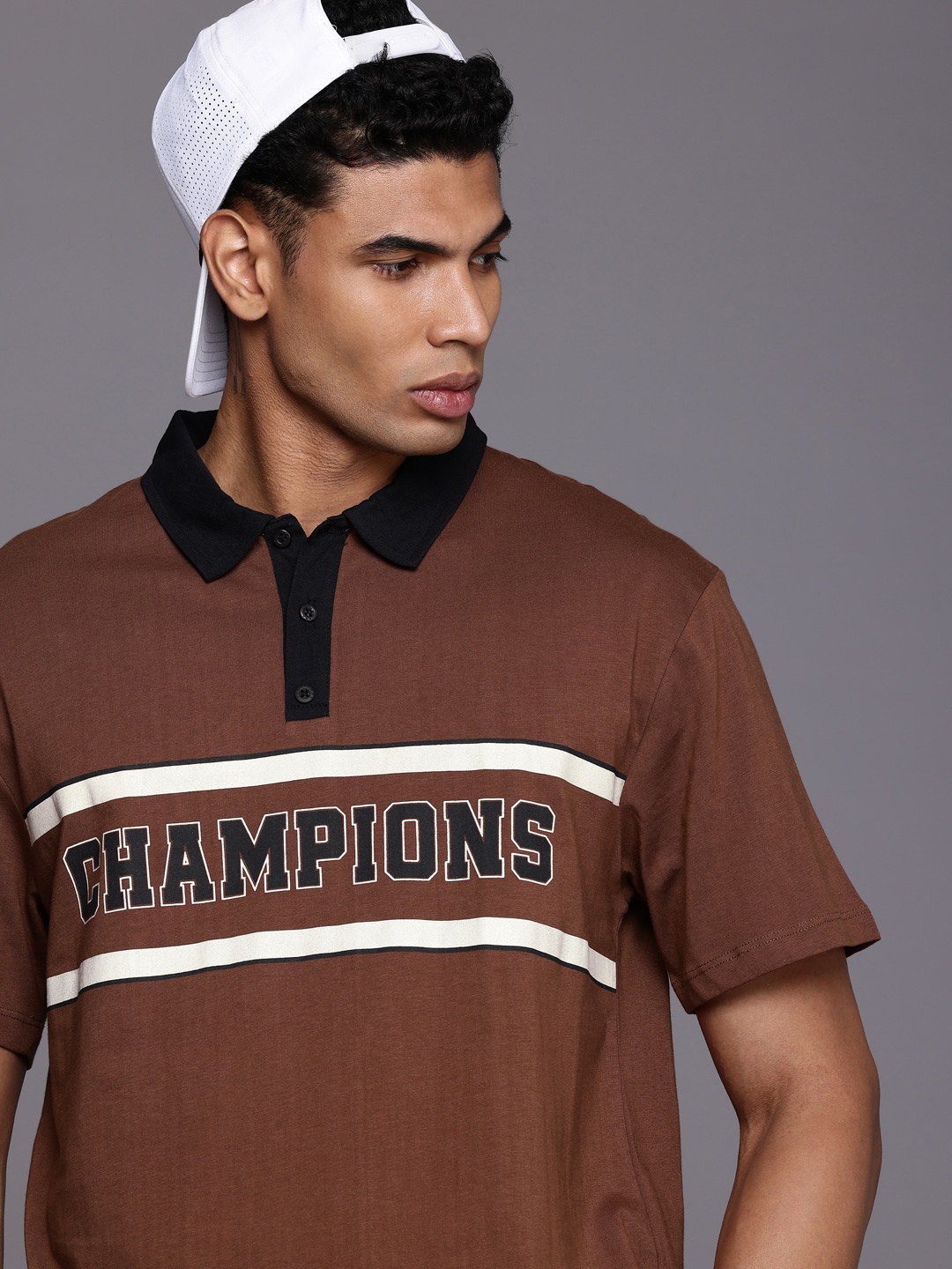 

HRX by Hrithik Roshan Typography Printed Polo Collar Pure Cotton T-shirt, Brown