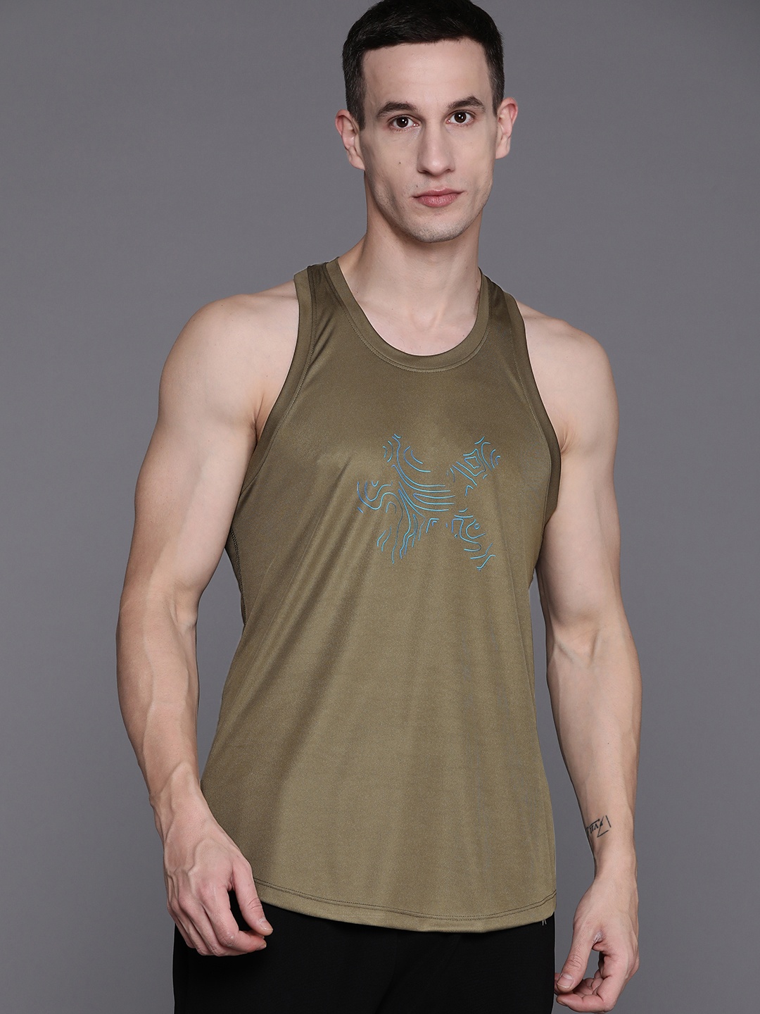 

HRX by Hrithik Roshan Abstract Printed Rapid-Dry Racer-Back Training T-shirt, Olive