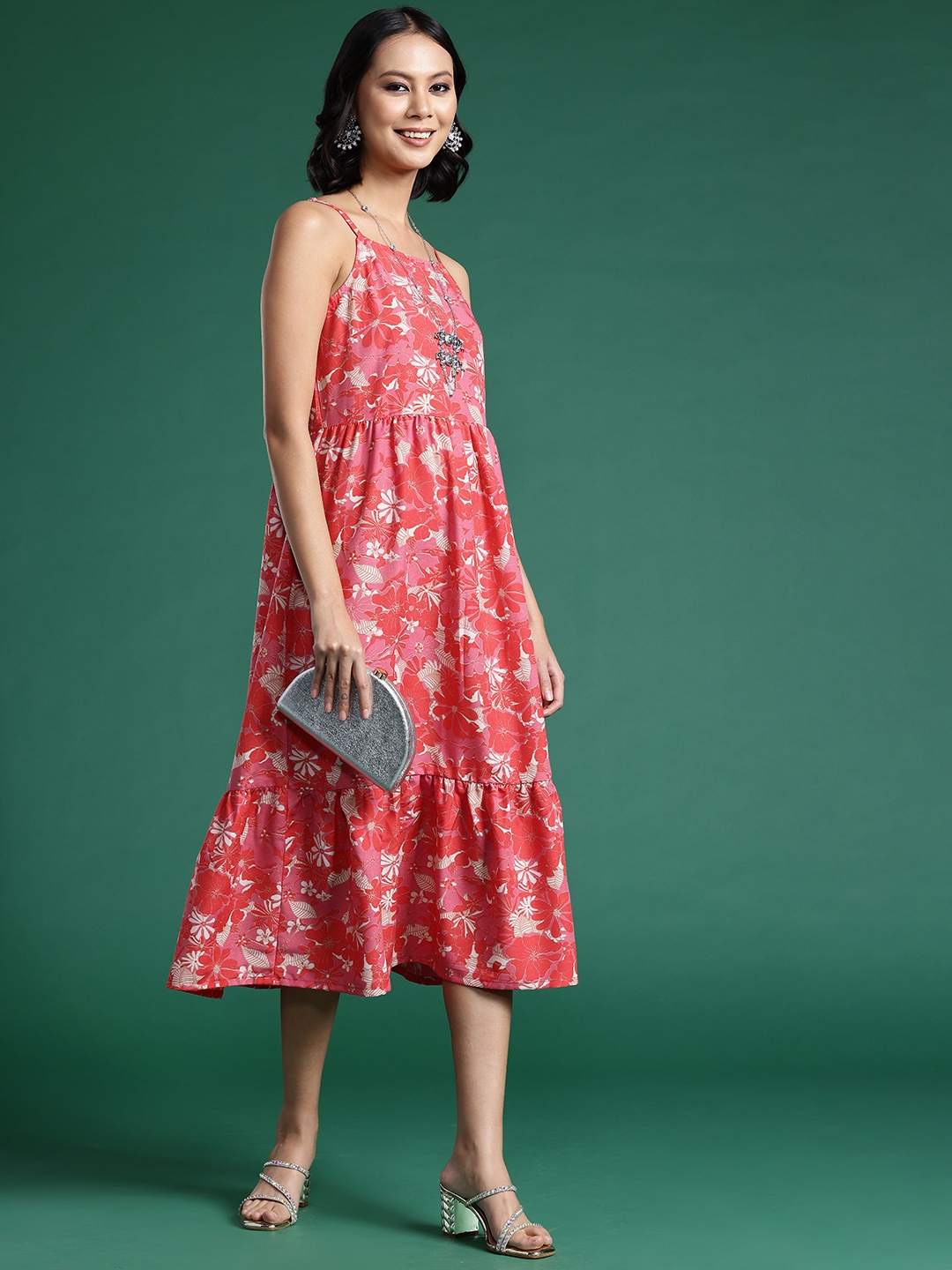 

Sangria Floral Print Tiered A-Line Dress, Pink