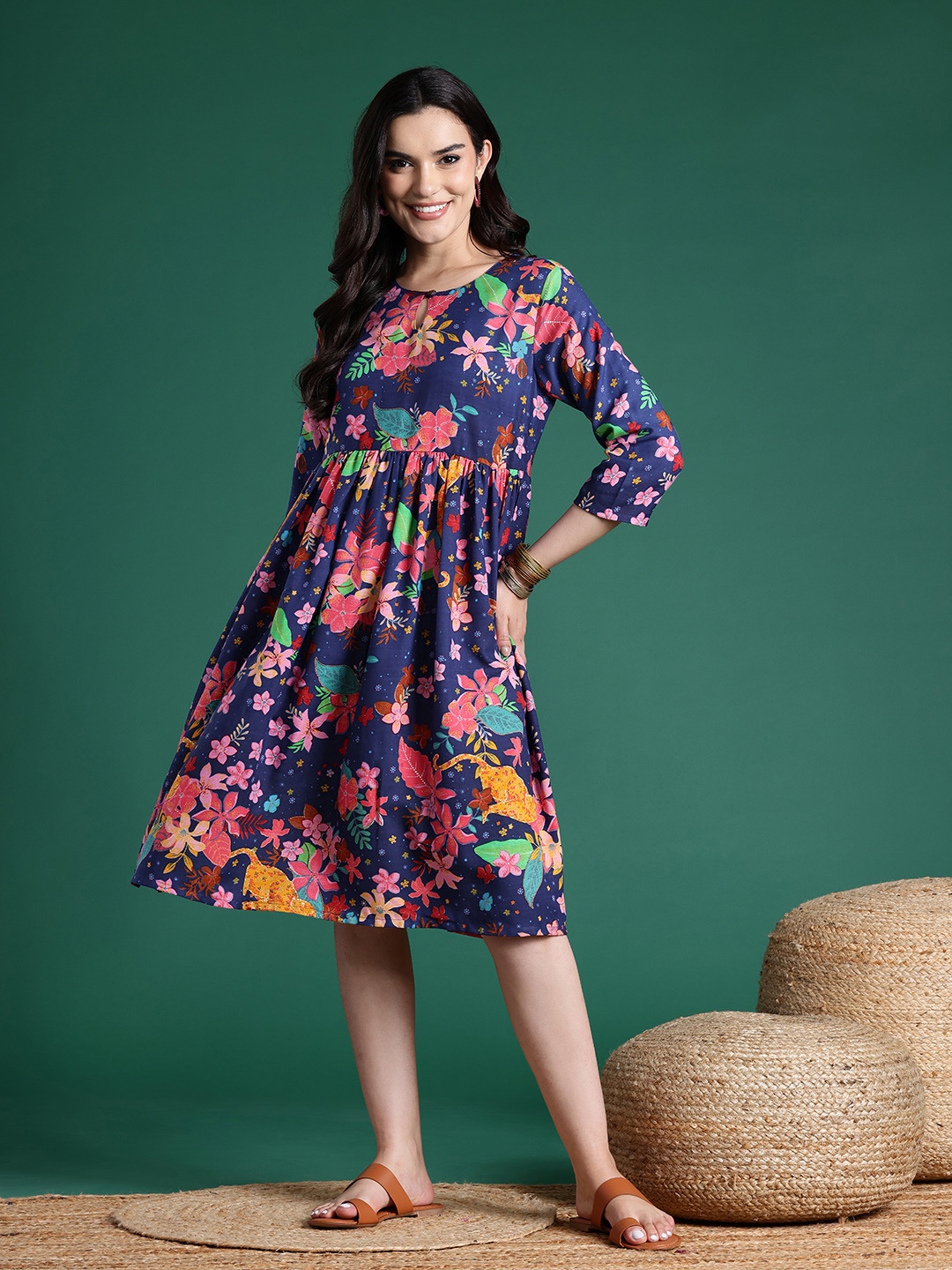 

Sangria Ethnic Print A-Line Midi Ethnic Dress, Navy blue