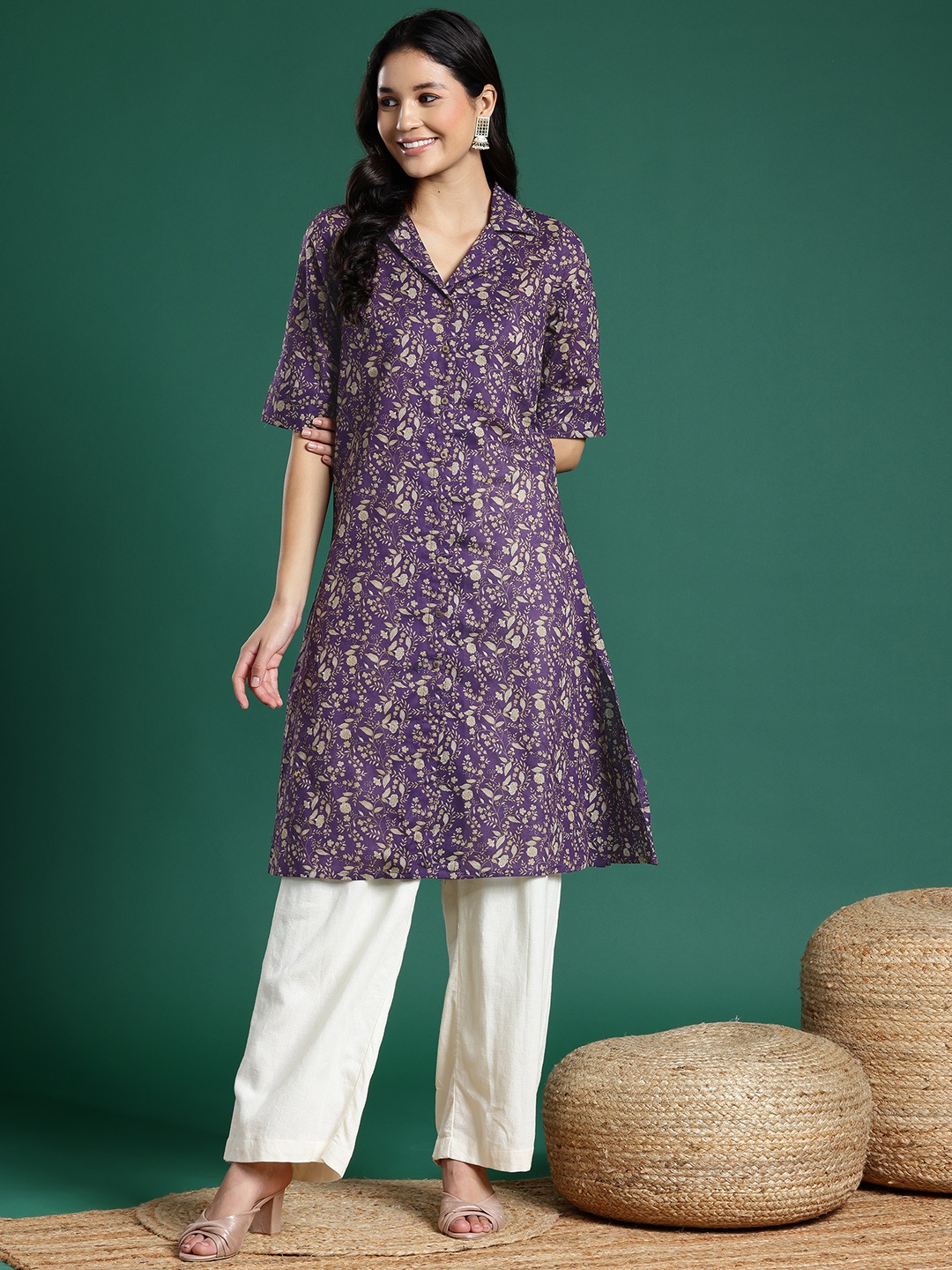 

Sangria Floral Print Cotton Kurta, Purple