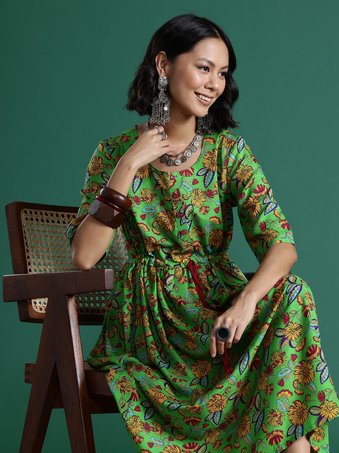 

Sangria Floral Print A-Line Midi Ethnic Dress, Green