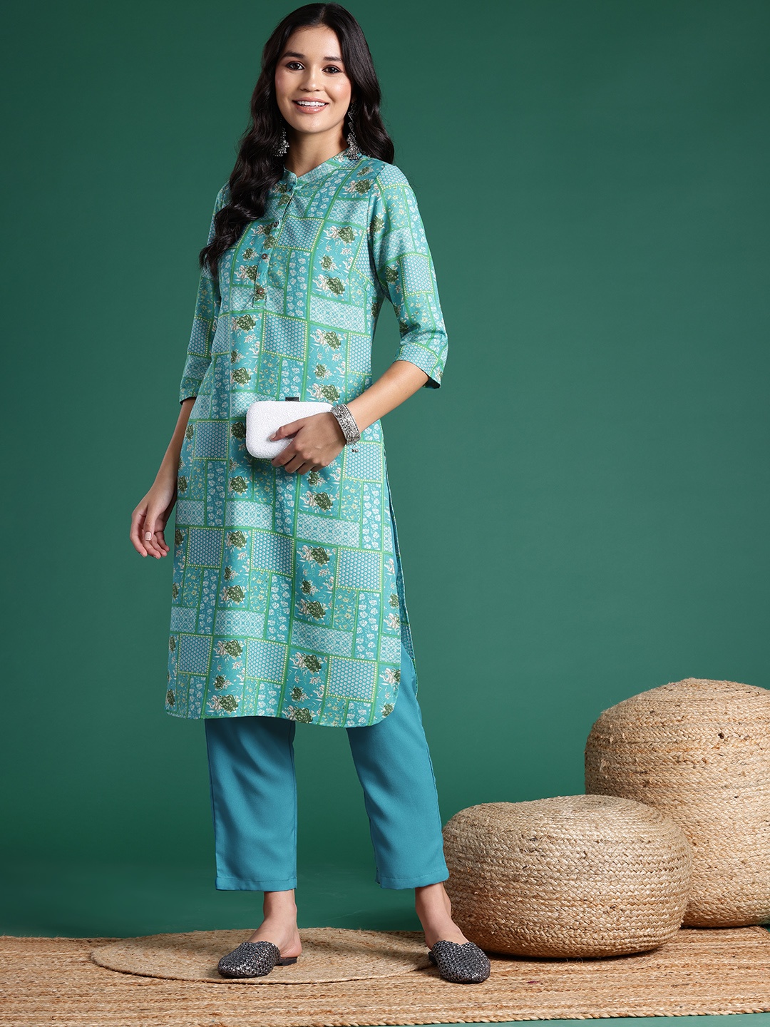 

Sangria Ethnic Printed Kurta Set, Blue