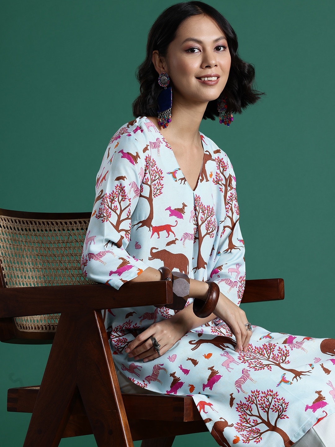

Sangria Printed A-Line Kurta with Trousers, Blue
