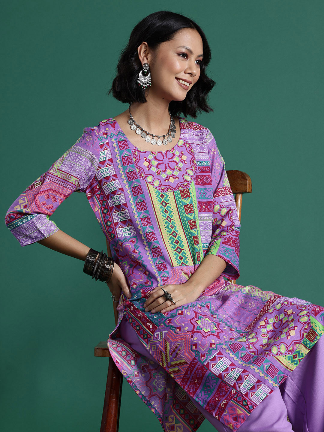 

Sangria Printed Kurta with Trousers, Blue