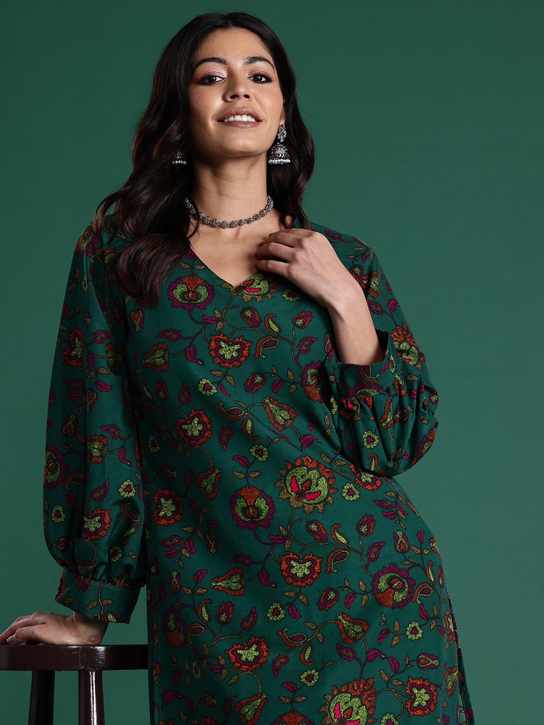 

Sangria Floral Print Kurta, Green