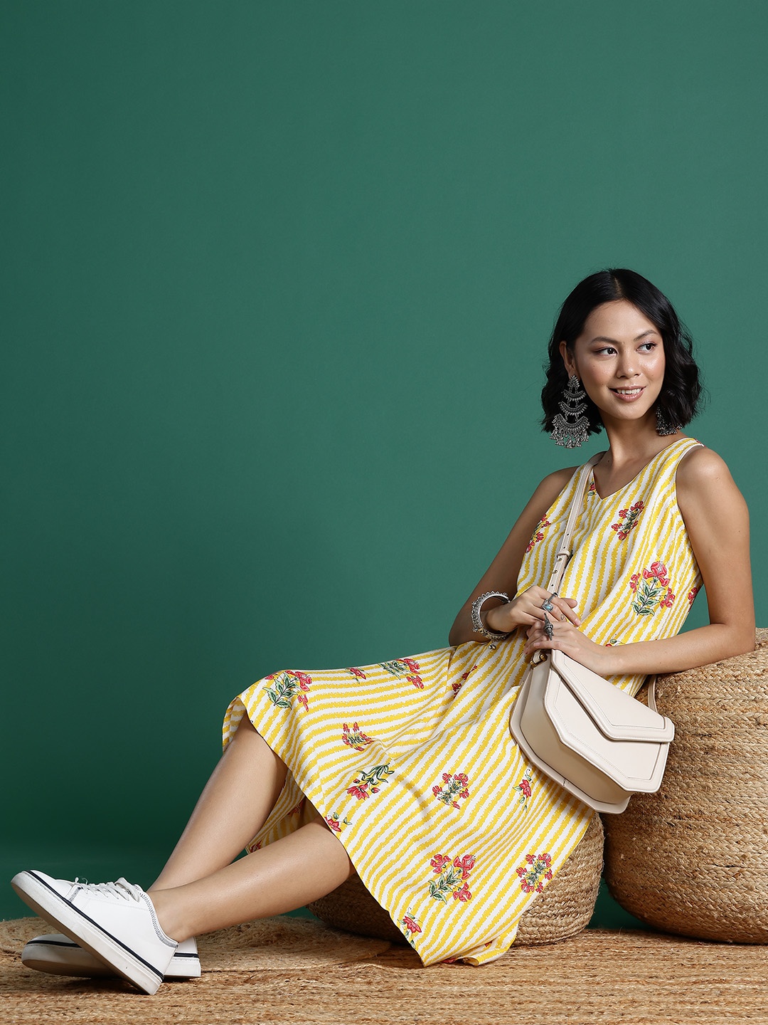 

Sangria Striped V-Neck Midi Dress, Yellow