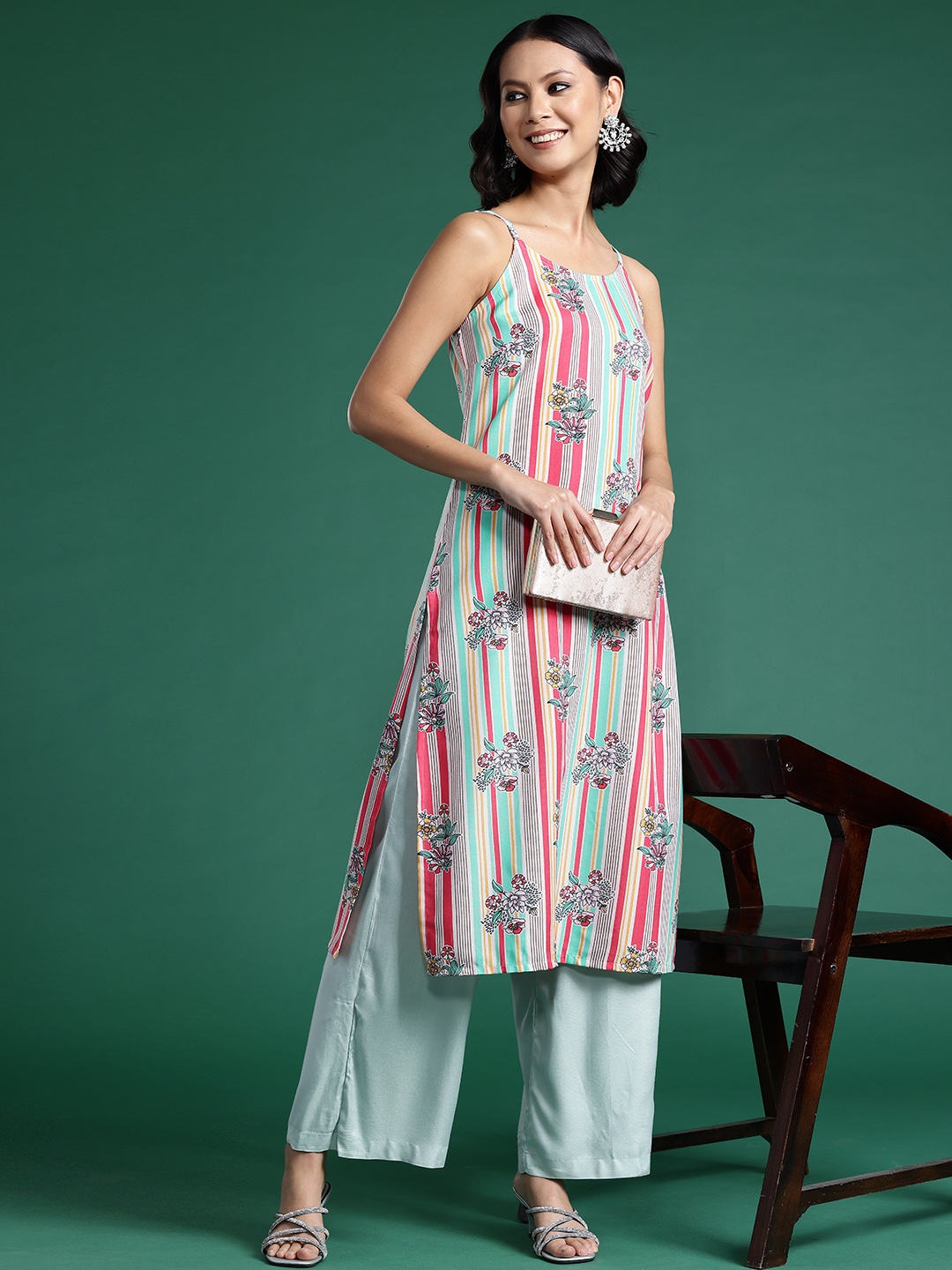 

Sangria Shoulder Straps Striped Kurta, Pink