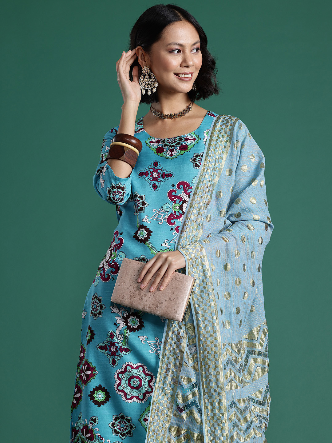 

Sangria Ethnic Motifs Printed Kurta with Trousers & Dupatta, Blue