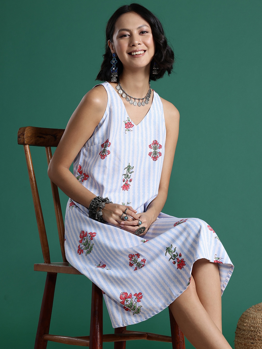 

Sangria Striped V-Neck Midi Dress, Blue