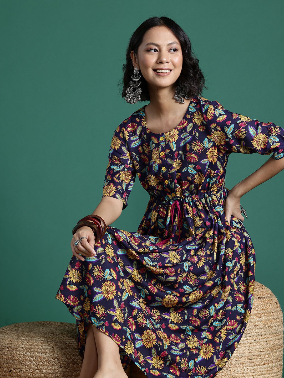 

Sangria Floral Print A-Line Midi Ethnic Dress, Navy blue