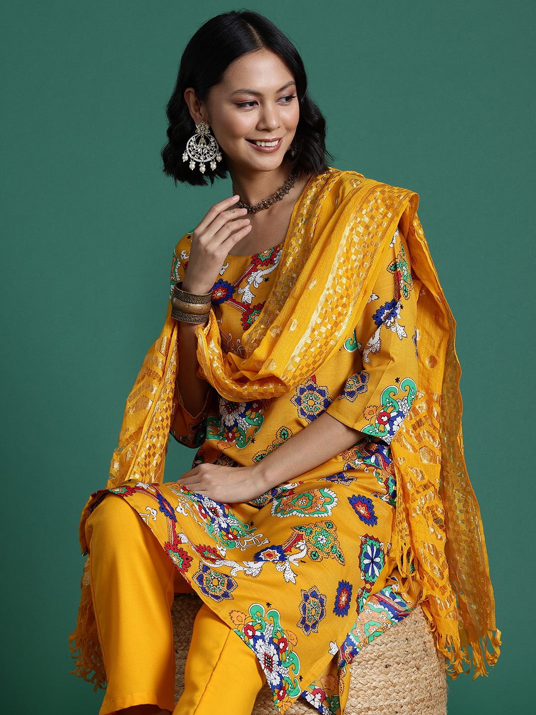 

Sangria Ethnic Motifs Printed Kurta with Trousers & Dupatta, Mustard